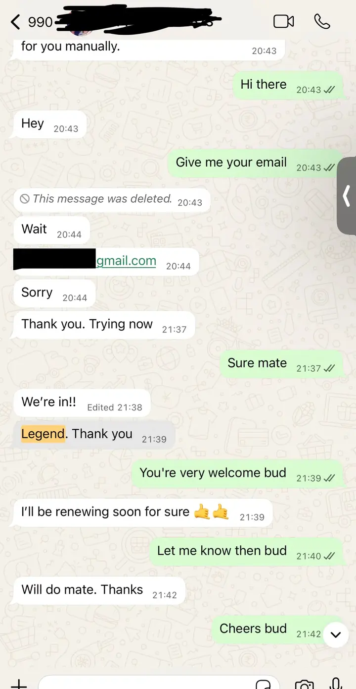 No stored card, no auto-renewal: Payment happens once, over WhatsApp. There is no saved card on this site to charge again.